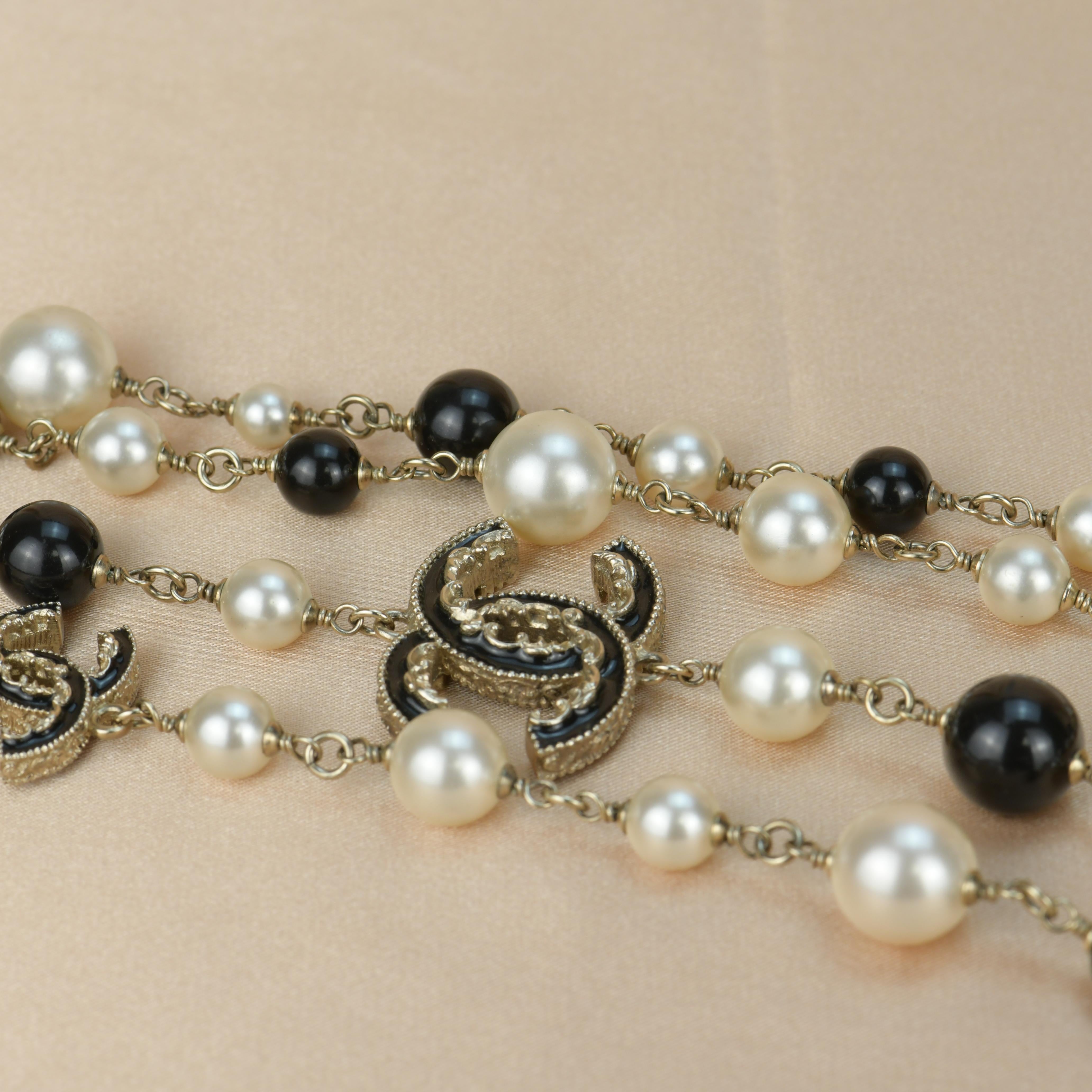 Chanel CC Logo Black Enamel Long Pearl Necklace  5