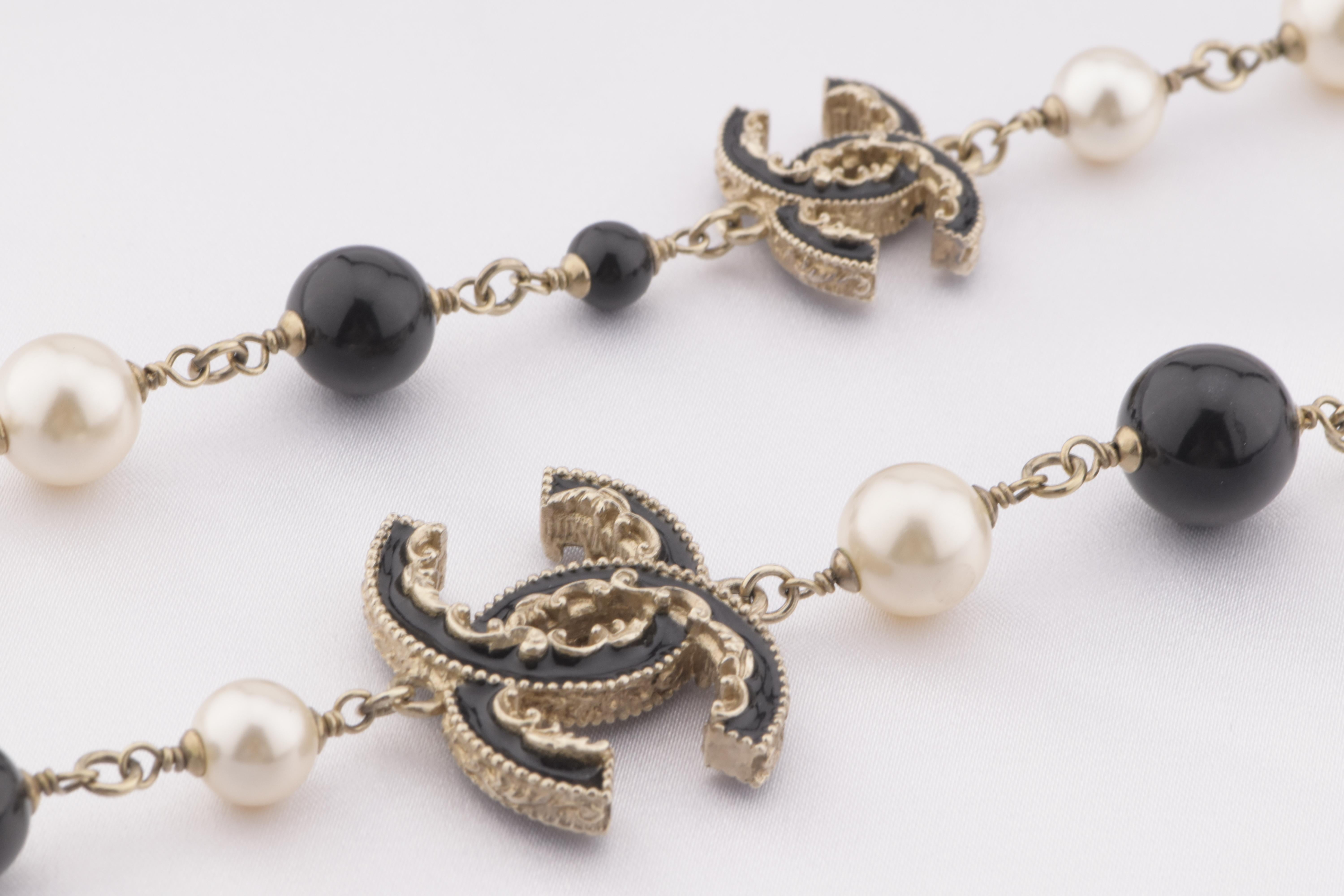 Bead Chanel CC Logo Black Enamel Long Pearl Necklace 