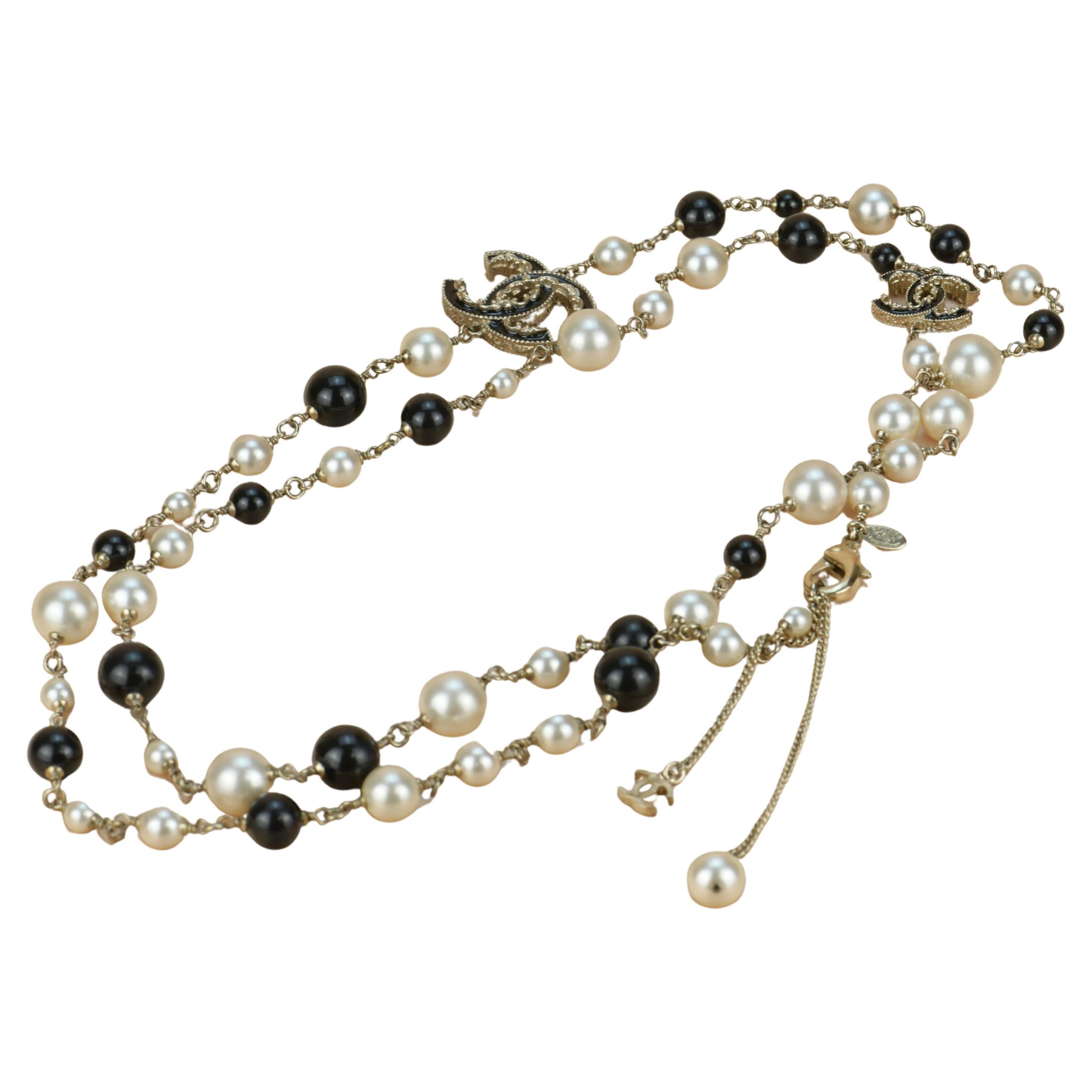 Chanel CC Logo Black Enamel Long Pearl Necklace 