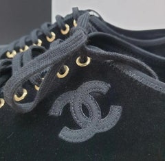 CHANEL CC Logo Black Velvet Lace Up Flat Sneakers Low Tops