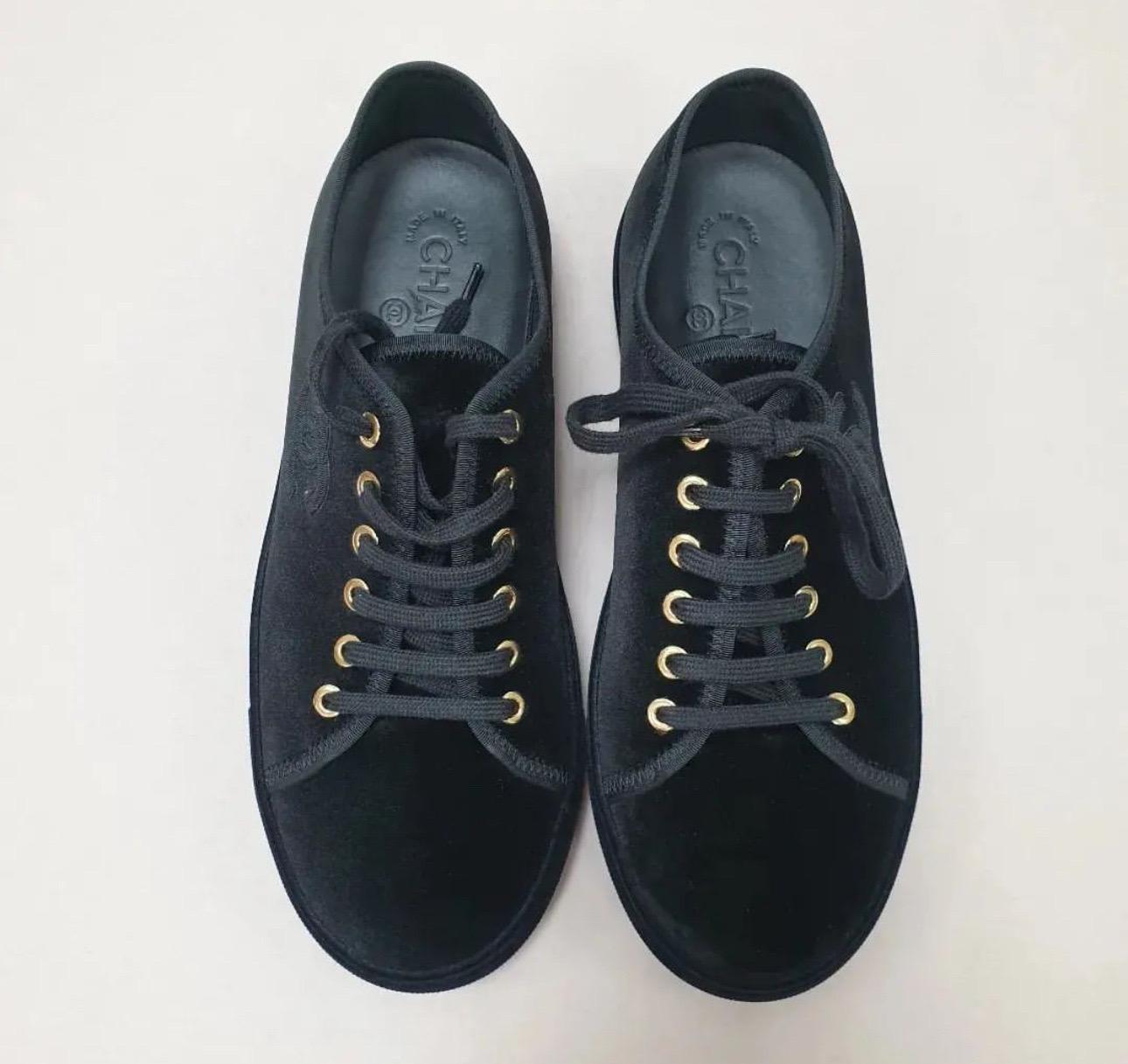  CHANEL CC Logo Black Velvet Lace Up Flat Sneakers Low Tops 1