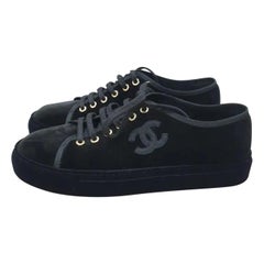 CHANEL CC Logo Black Velvet Lace Up Flat Sneakers Low Tops