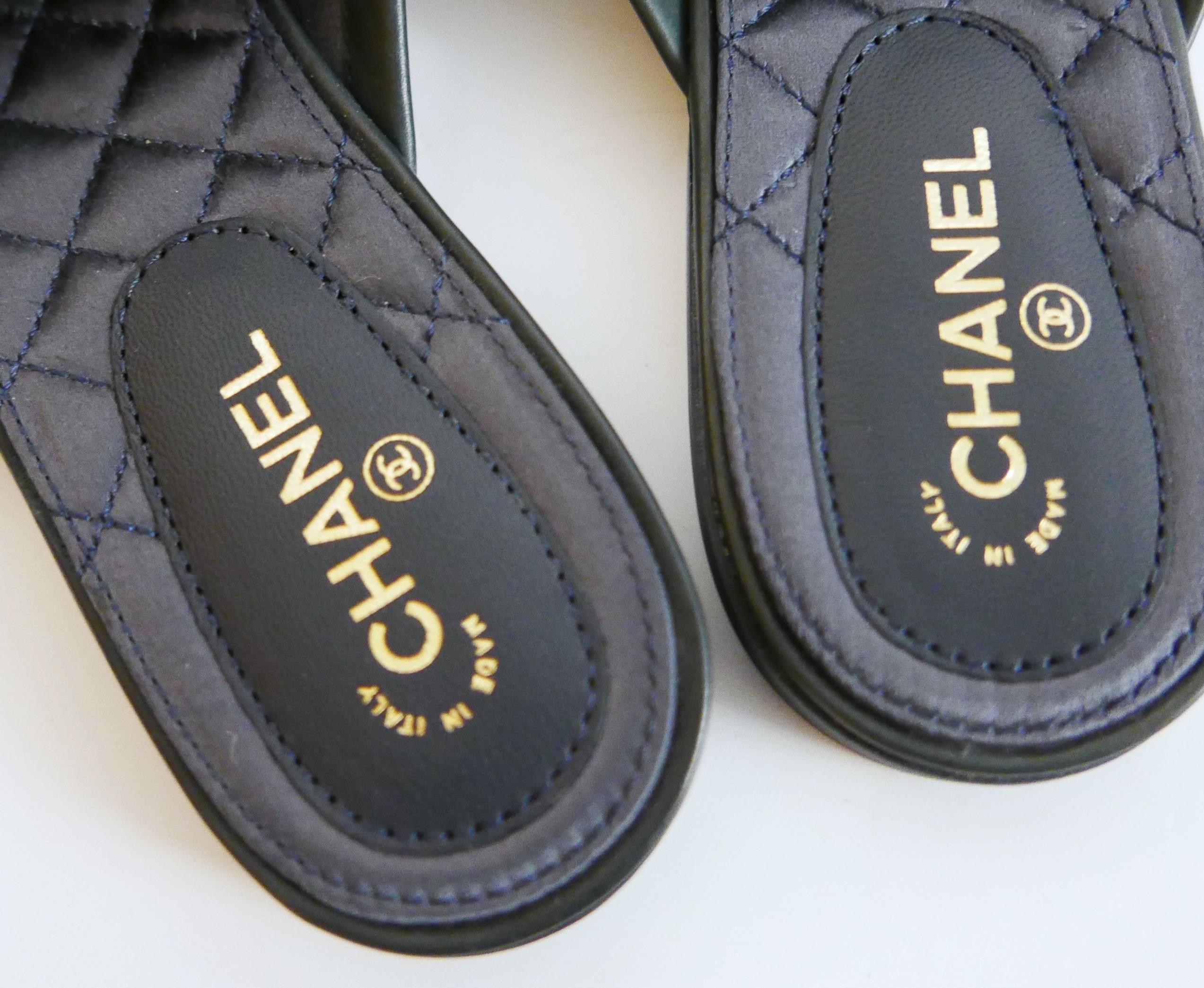 Women's Chanel CC Logo Blue Leather Mules Moccasins For Sale