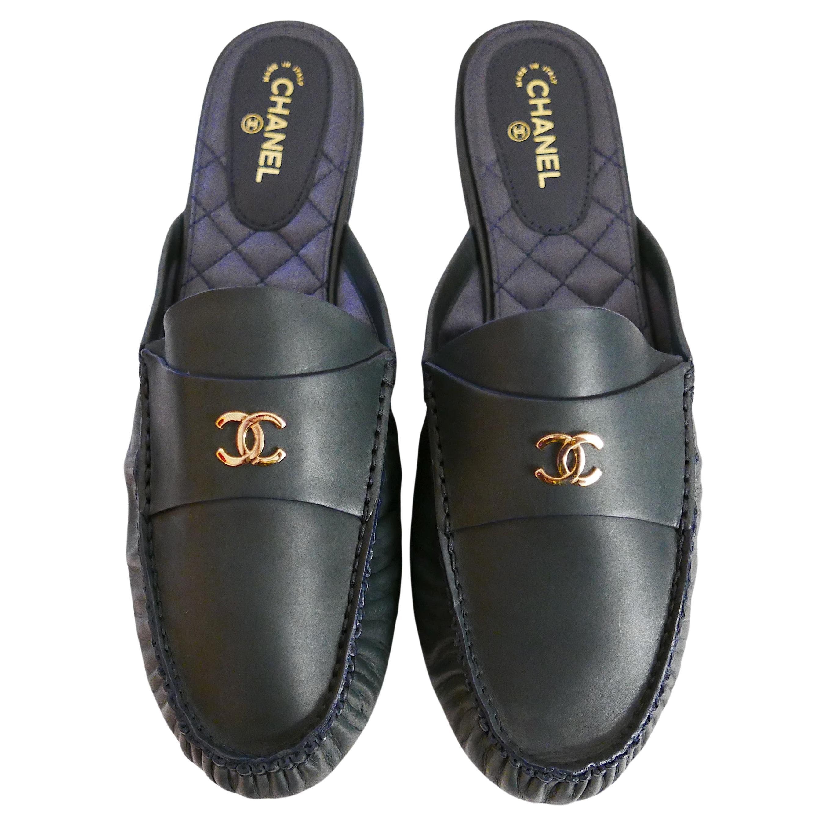 Chanel CC Logo Blue Leather Mules Moccasins For Sale