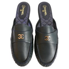 Chanel CC Logo Blue Leather Mules Moccasins