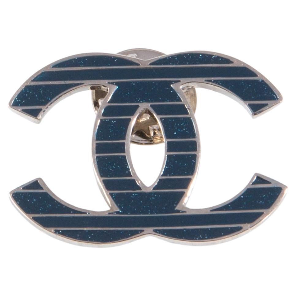 Chanel CC Logo Blue Stripy Pin Brooch For Sale at 1stDibs