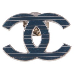 Chanel CC Logo Blue Stripy Pin Brooch