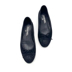 Chanel CC Logo Bow Black Suede Cap Toe Ballerina Flats 37.5