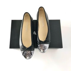 Chanel CC Logo Bow Detail Gunmetal Black Two Tone Leather Ballerina Flats 36