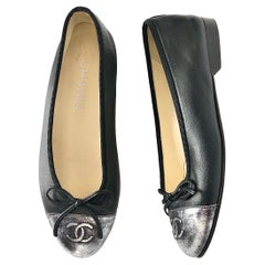 Chanel CC Logo Bow Detail Gunmetal Black Two Tone Leather Ballerina Flats 36