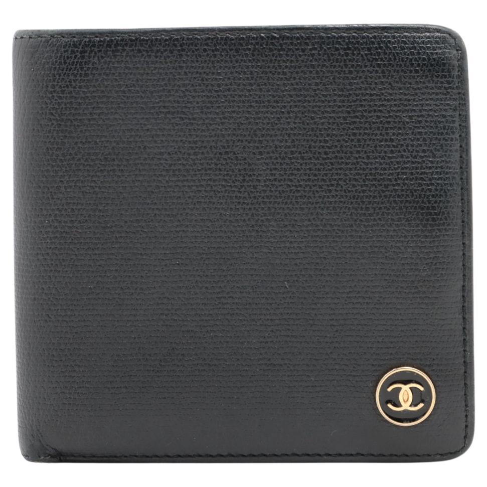 Chanel CC Logo Button Leather Bi fold Wallet Black For Sale