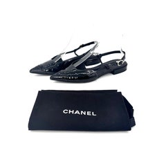 Chanel CC Logo Cap Toe Black Patent Leather Slingback Flats 37.5