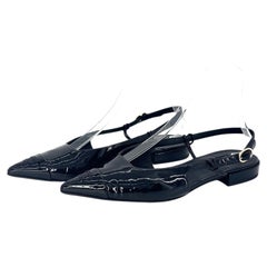 Chanel CC Logo Cap Toe Black Patent Leather Slingback Flats 37.5