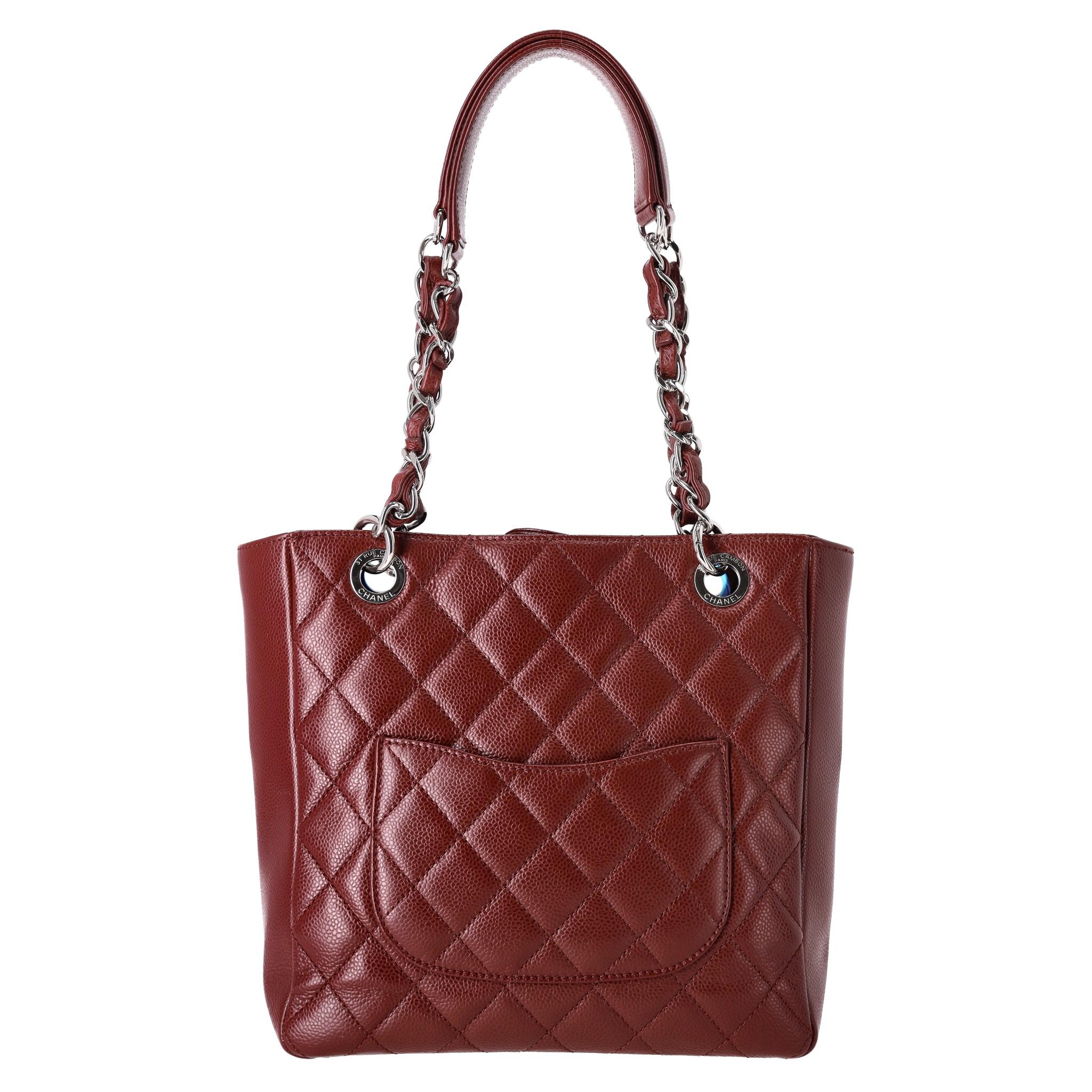 Chanel 'CC' Logo Caviar Leather Petite Shopping Tote Bag In Excellent Condition For Sale In London, GB