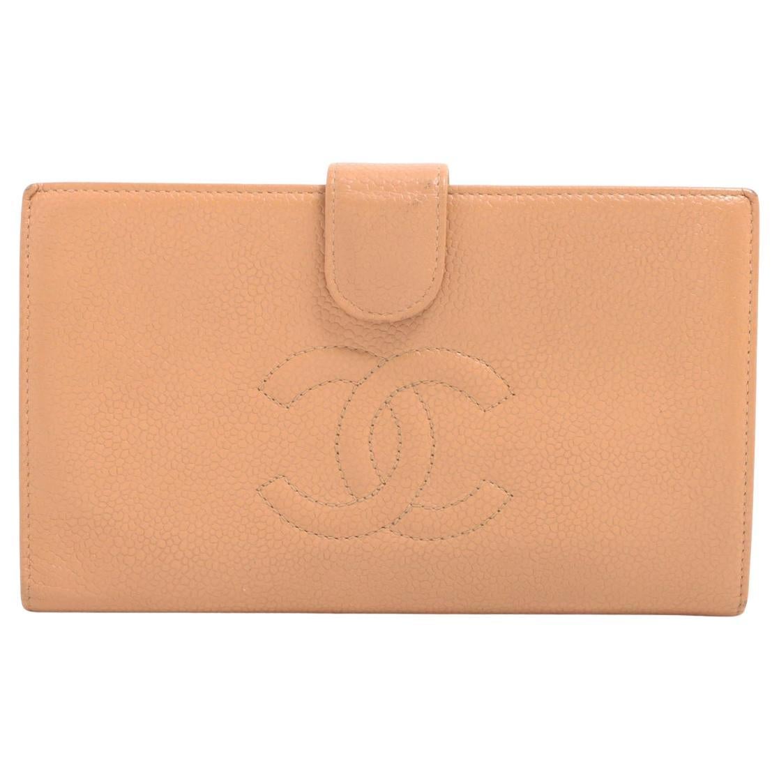 Chanel CC Logo Caviar Skin Bi fold Wallet Brown Gold For Sale