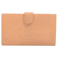 Vintage Chanel CC Logo Caviar Skin Bi fold Wallet Brown Gold