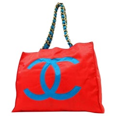 Chanel Cc Logo Chain 227133 Red X Blue Nylon Tote
