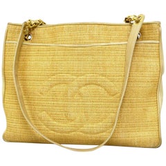 Chanel Cc Logo Chain Tote 221851 Natural Straw X Leather Shoulder Bag