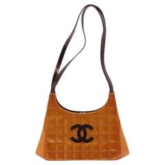 Chanel CC Logo Chocolate Bar Patent Leather Shoulder Bag Gold x Brown