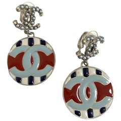 Chanel CC Logo Clip-On Enameled Pendant Earrings