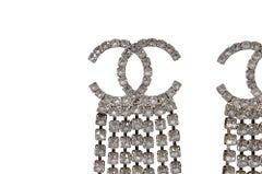 Chanel CC Logo Coco Mark Crystal Drop Tassel Chandellier Earrings B18S Silver