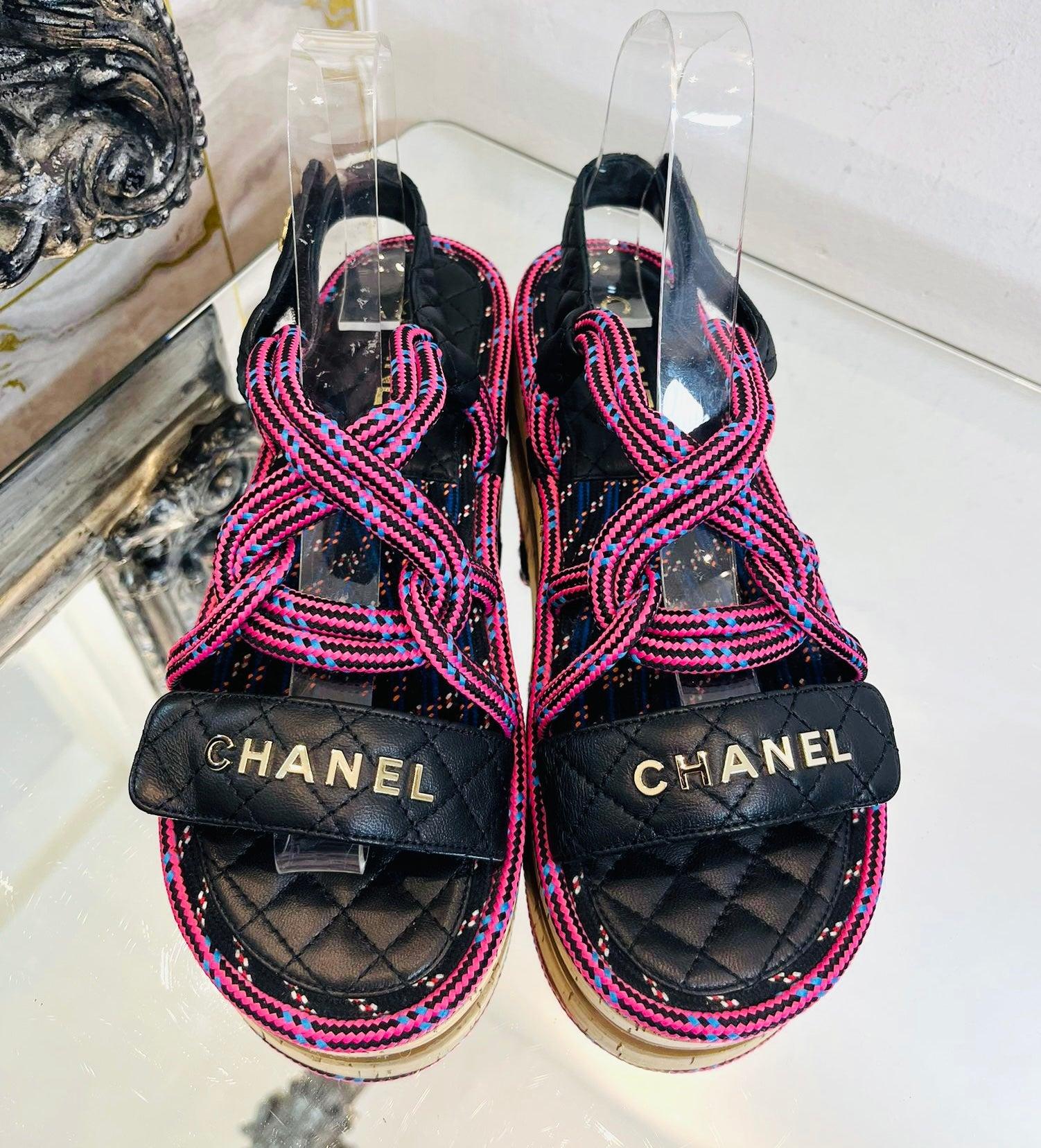 Chanel 'CC' Logo Cord & Leather Dad Sandals

From 2020 Collection by Virgine Viard - slingback sandals designed with crossover pink straps and Velcro closure at ankles detailed with gold interlocking 'CC' logo.

Embellished with black leather,