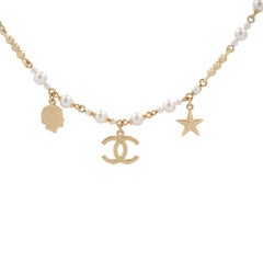 Chanel CC Logo Crystal and Pearl Star Necklace Gold Tone