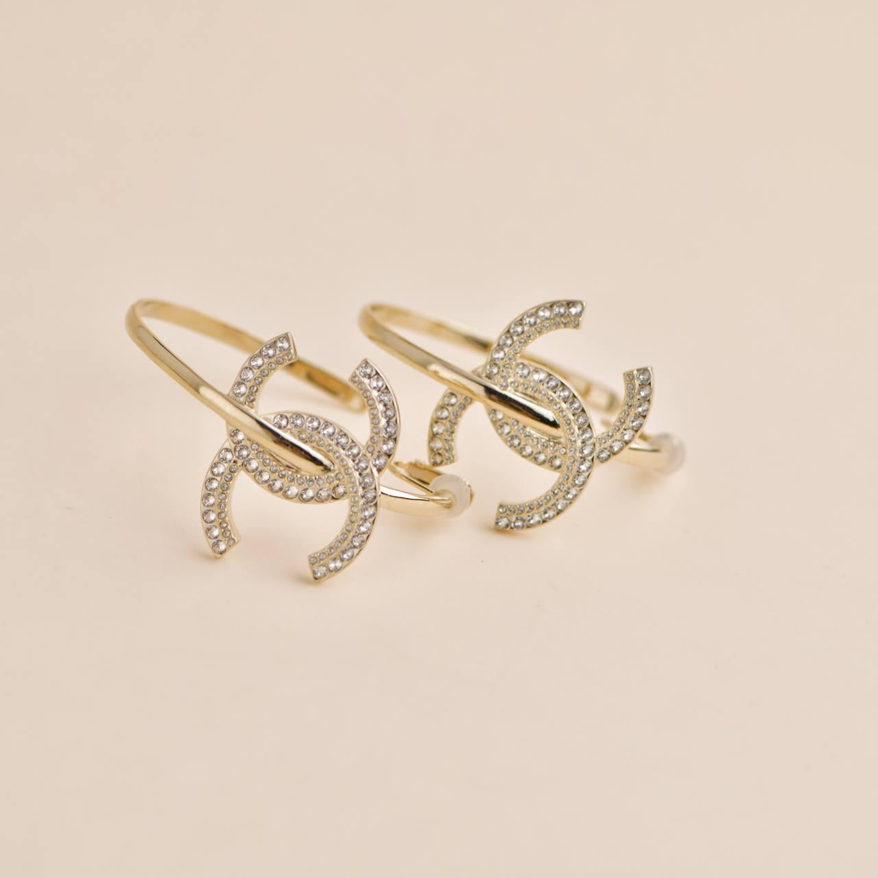 Brilliant Cut Chanel CC Logo Crystal Hoop Earrings For Sale