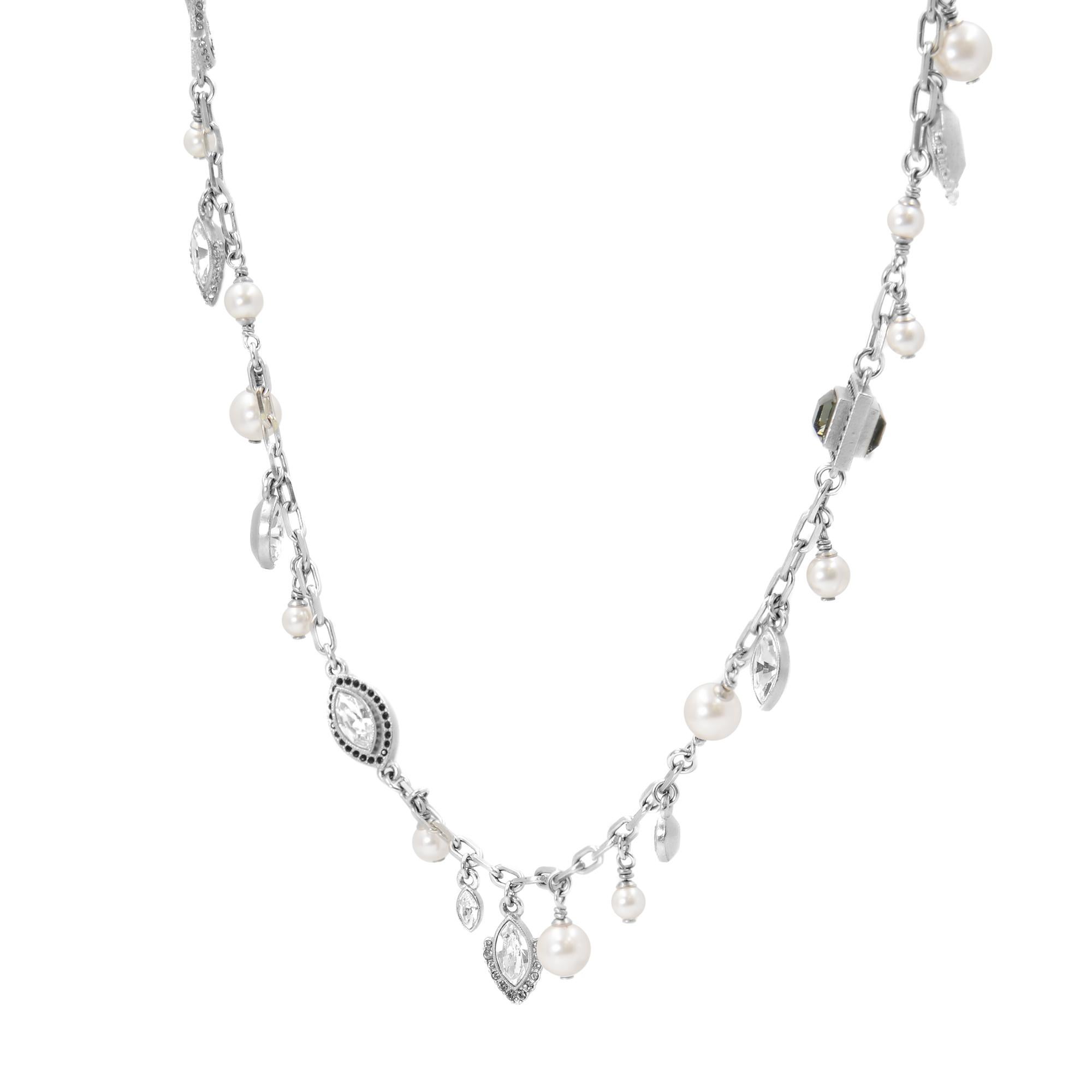 chanel crystal pearl cc long necklace silver