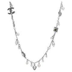 Chanel CC Logo Crystal Pearl Silver Ladies Long Necklace