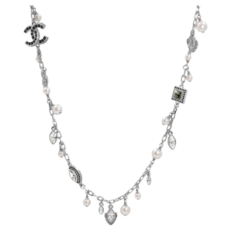Chanel CC Logo Crystal Pearl Silver Ladies Long Necklace For Sale at ...