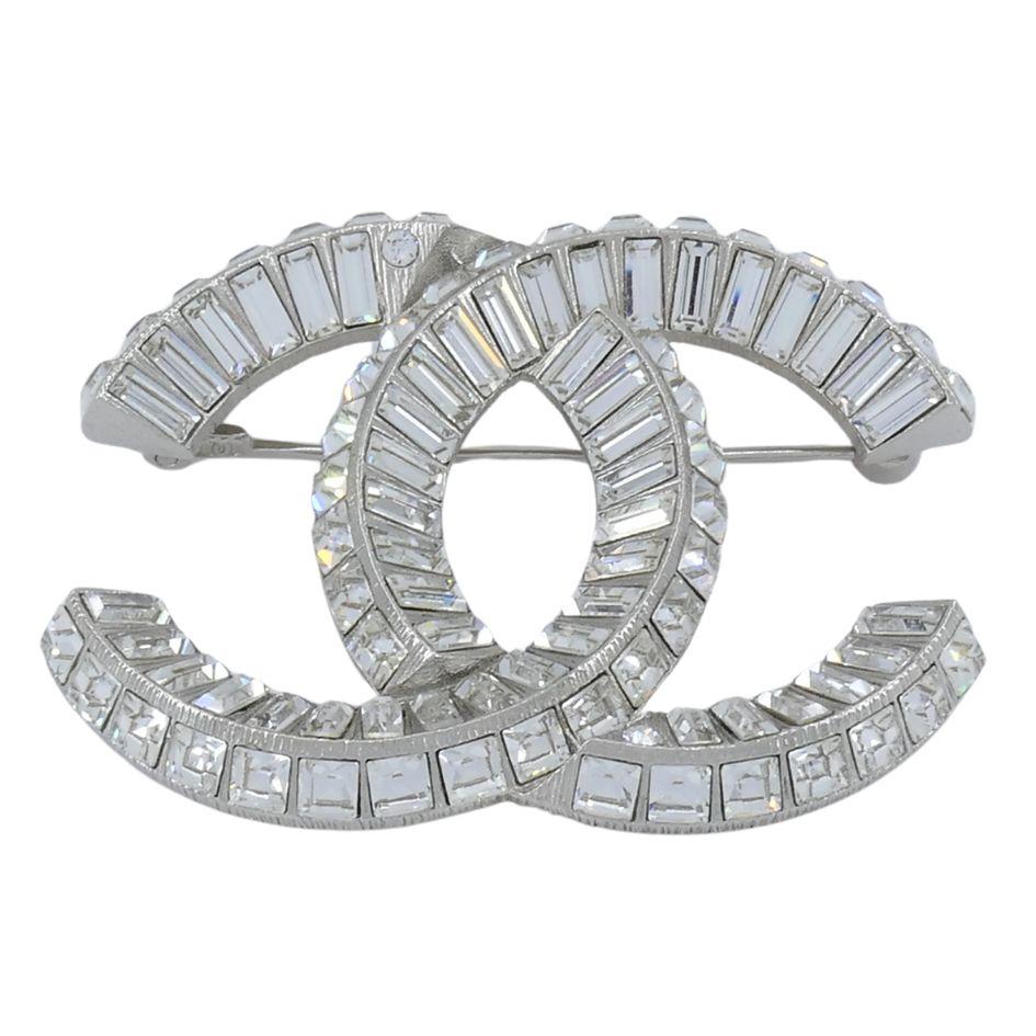 Baguette Cut Chanel CC Logo Crystal Silver Pin Brooch For Sale