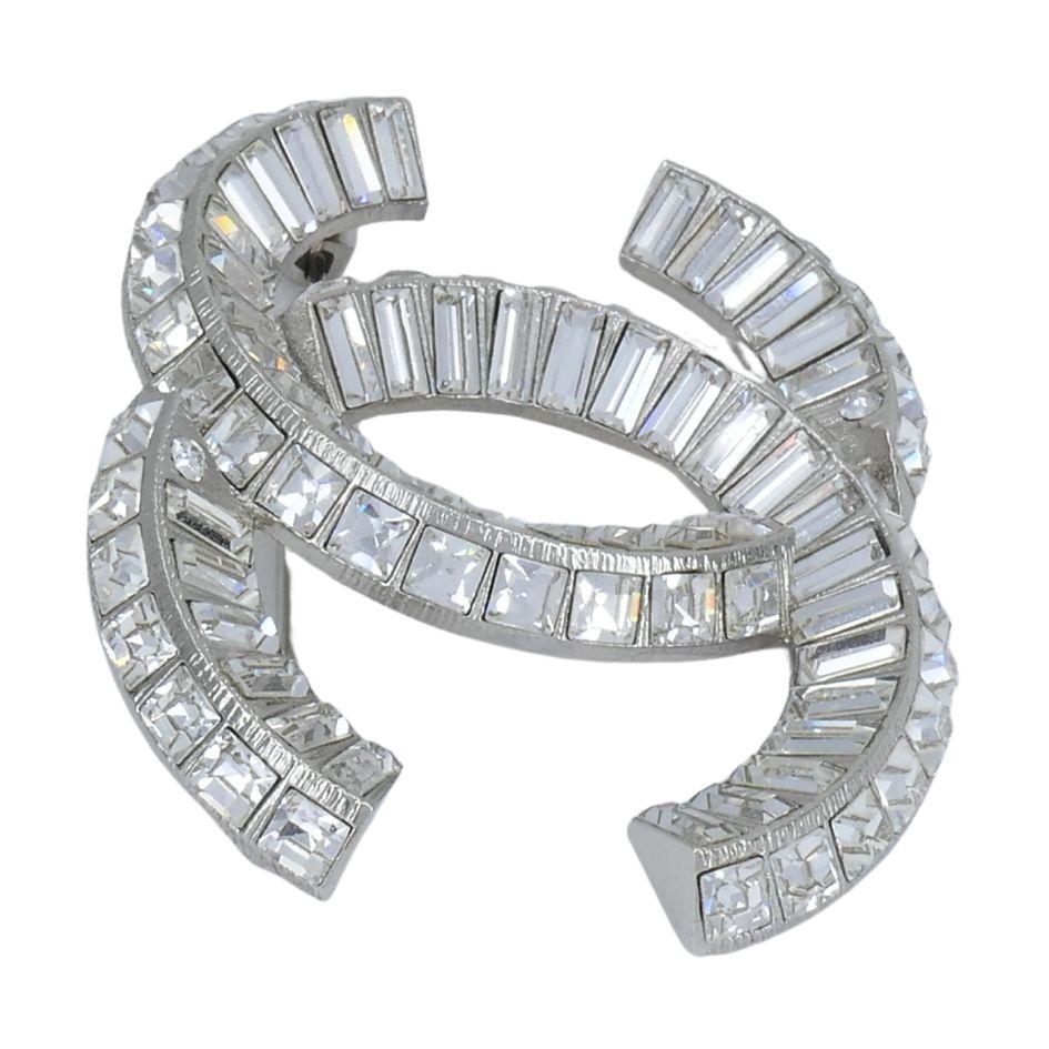 Chanel CC Logo Crystal Silver Pin Brooch For Sale 2