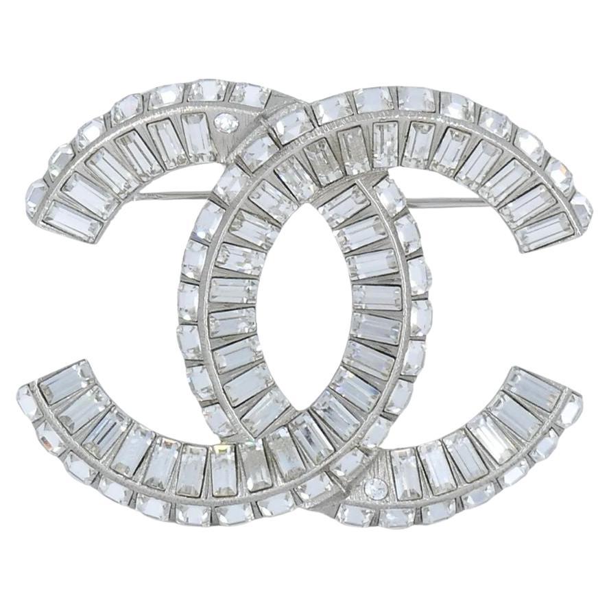 Chanel CC Logo Crystal Silver Pin Brooch