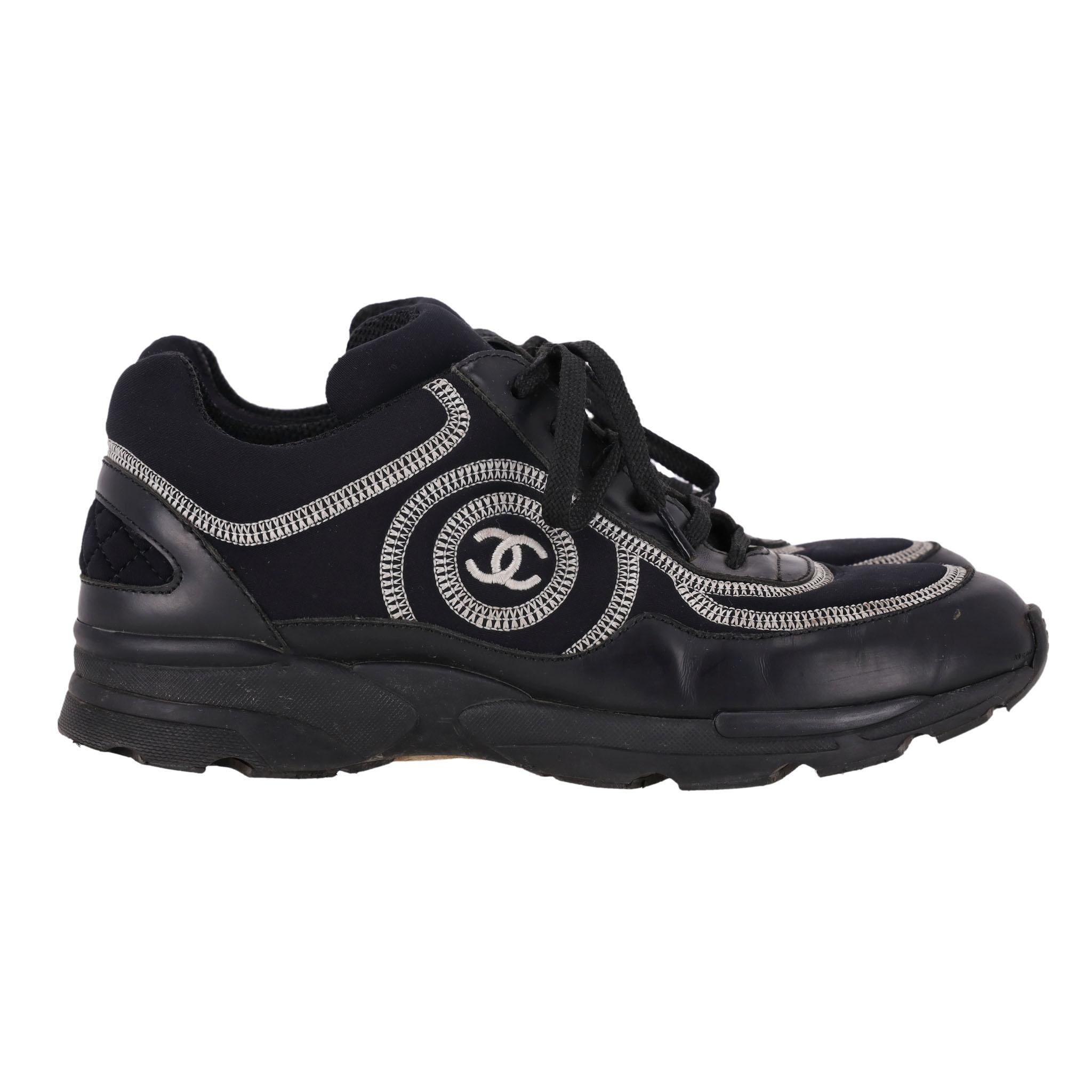 Black Chanel 'CC' Logo Embroidered Neoprene & Leather Sneakers For Sale