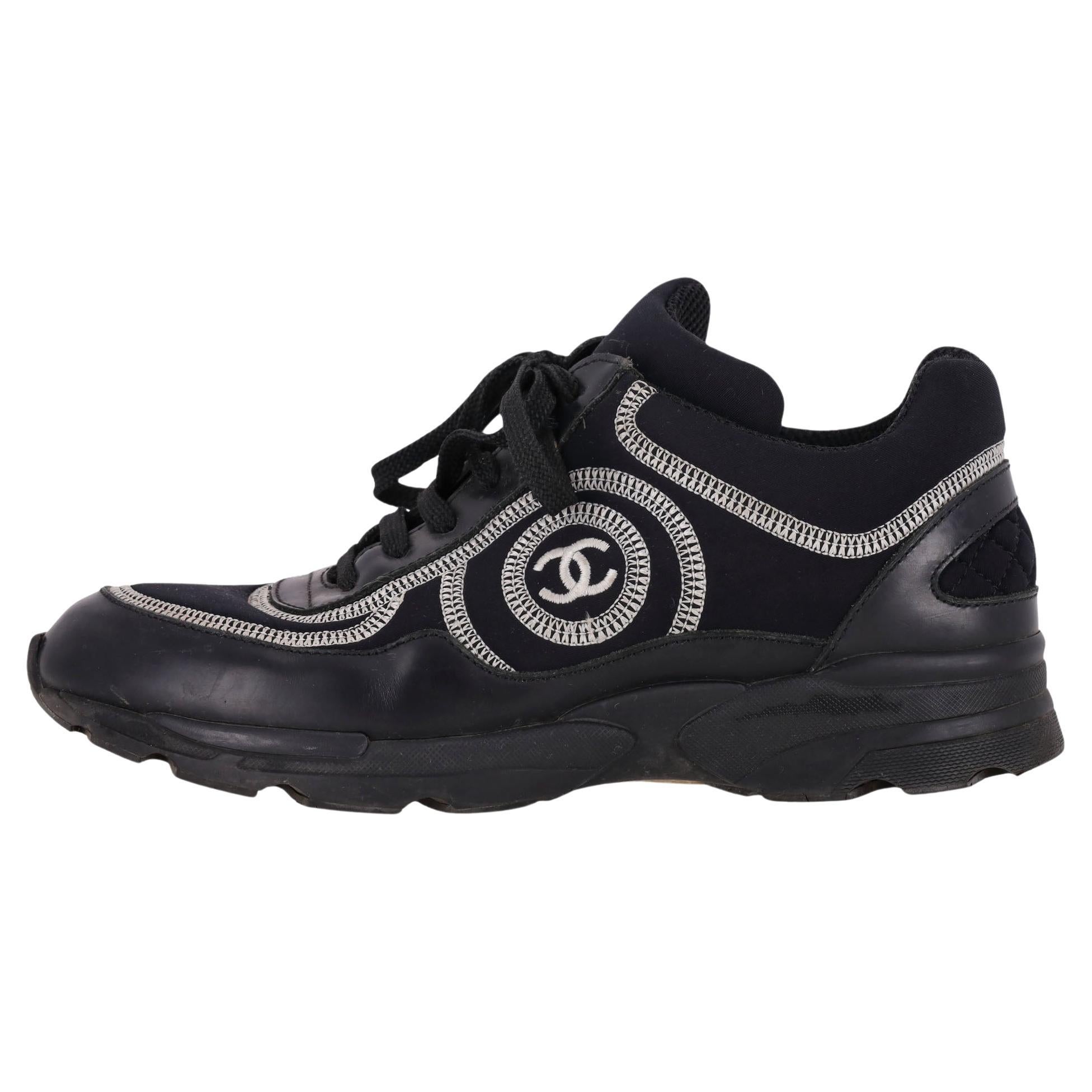 Chanel 'CC' Logo Embroidered Neoprene & Leather Sneakers For Sale