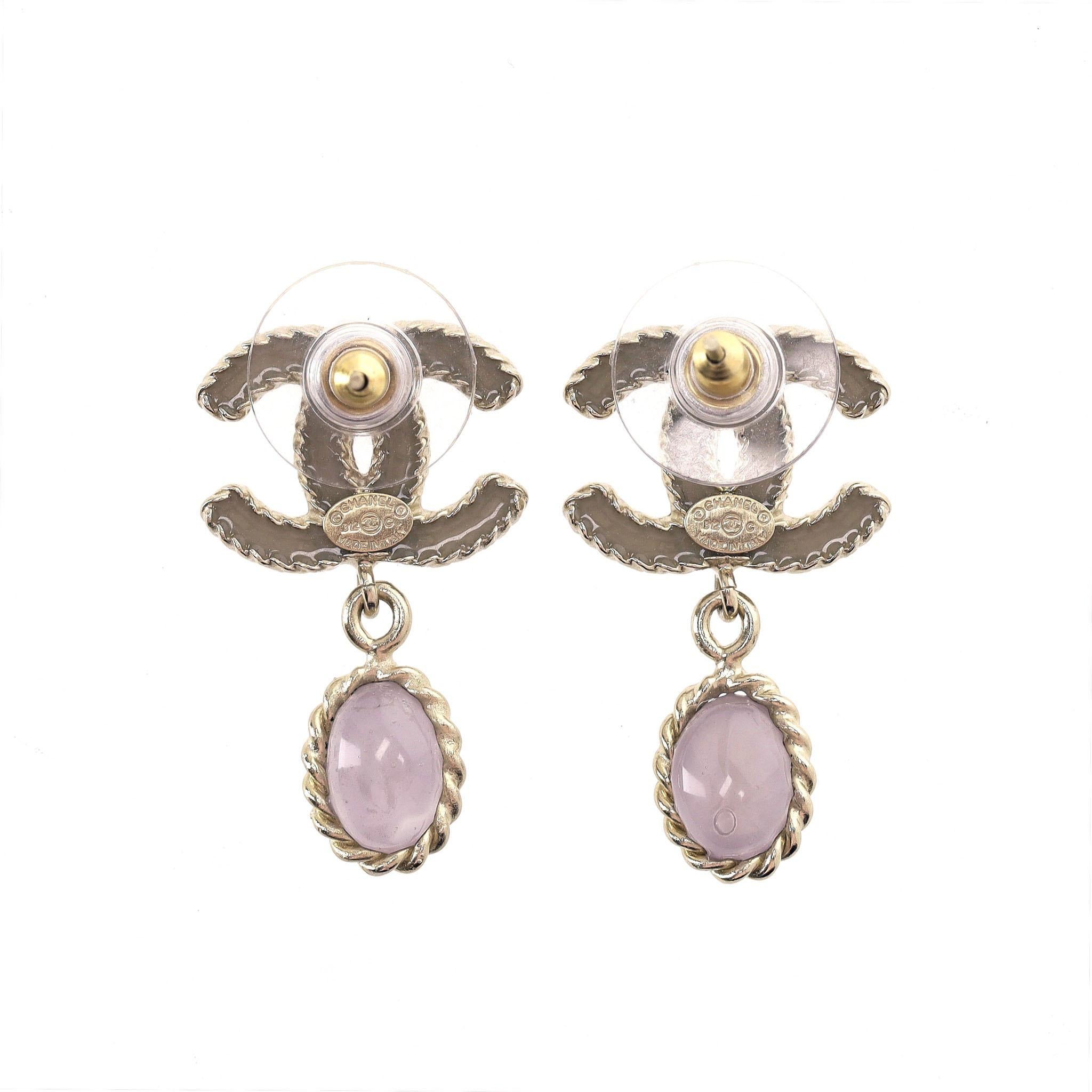 Round Cut Chanel 'CC' Logo Enamel & Crystal Dangle Earrings For Sale