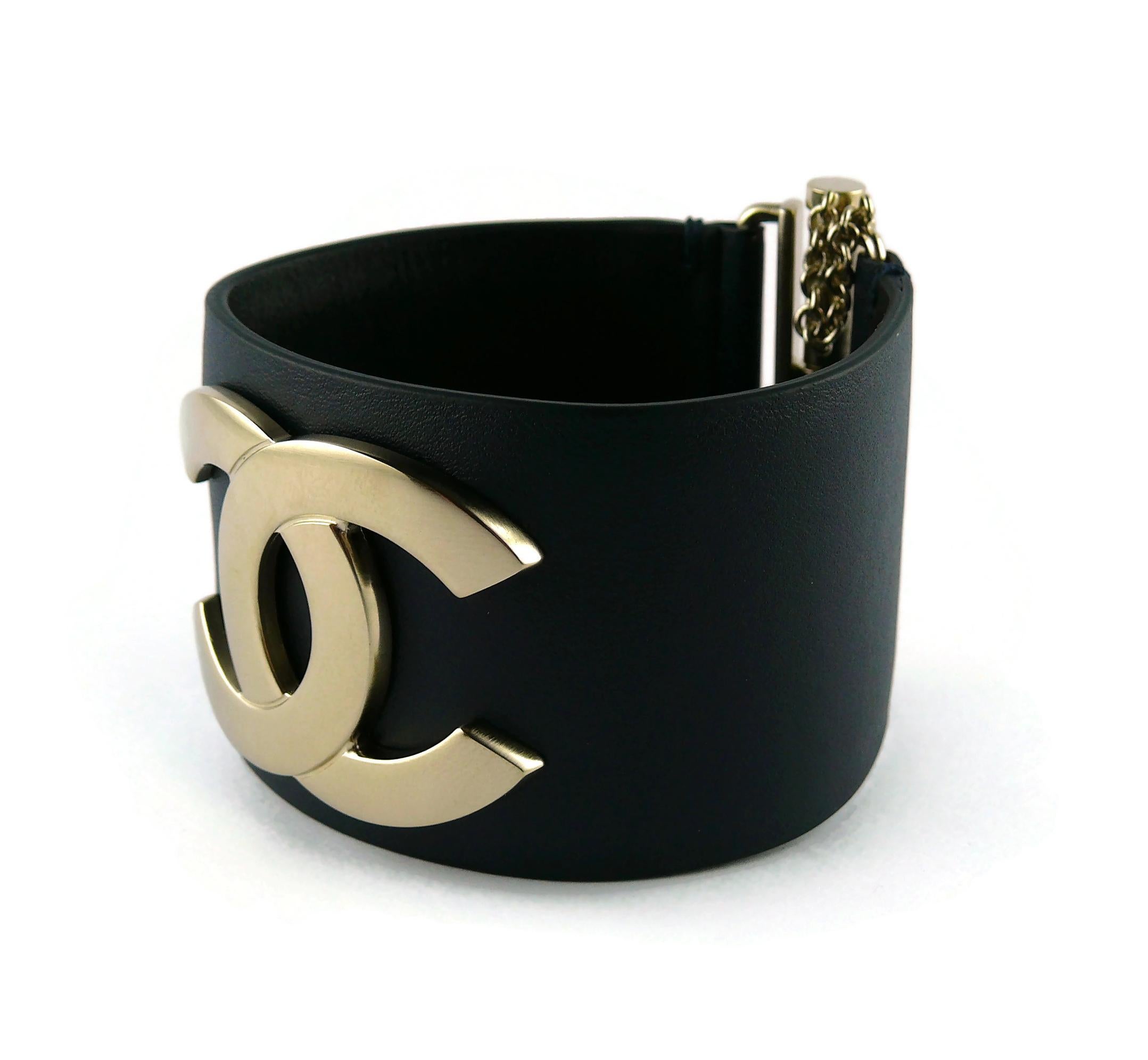 Chanel CC Logo Exclusive Edition 2017 Wide Dark Navy Blue Leather Cuff Bracelet 1