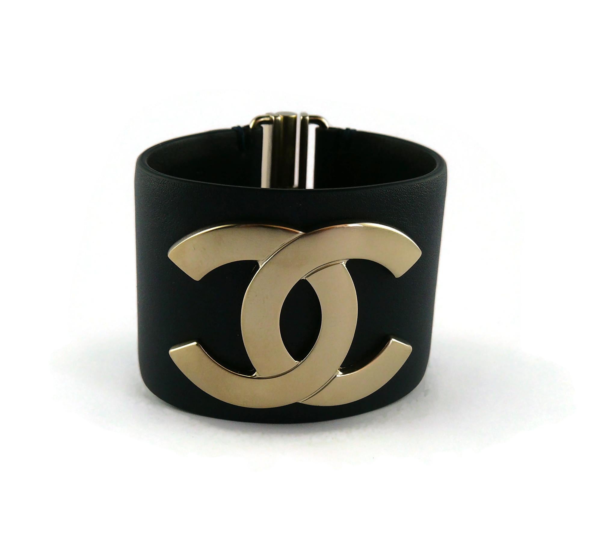 Women's Chanel CC Logo Exclusive Edition 2017 Wide Dark Navy Blue Leather Cuff Bracelet