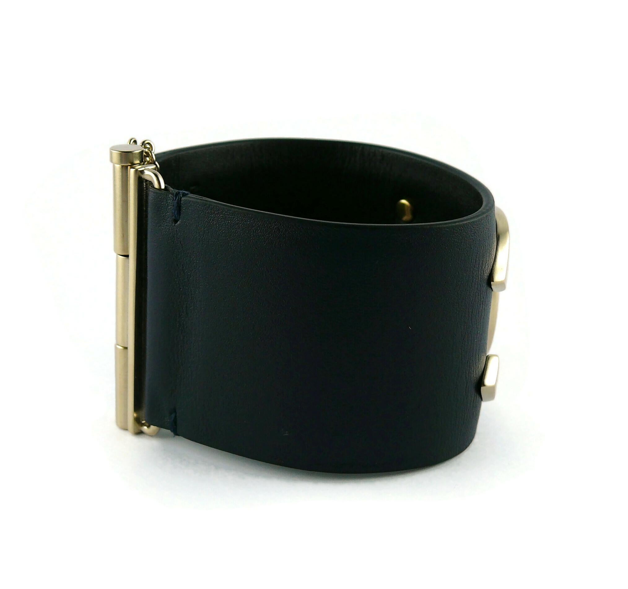 Chanel CC Logo Exclusive Edition 2017 Wide Dark Navy Blue Leather Cuff Bracelet 3