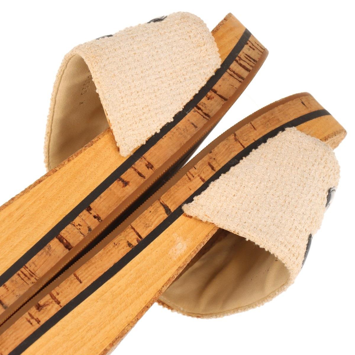 Chanel CC Logo Fabric Wooden Sandal Ivory x Brown 6