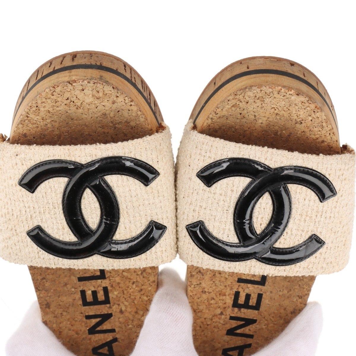 Chanel CC Logo Fabric Wooden Sandal Ivory x Brown 10
