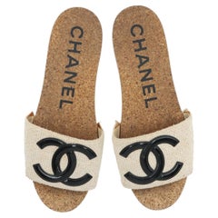 Chanel CC Logo Fabric Wooden Sandal Ivory x Brown