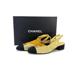 Chanel CC Logo Glitter and Grosgrain Cap Toe Slingback Platform Heel Pumps 37
