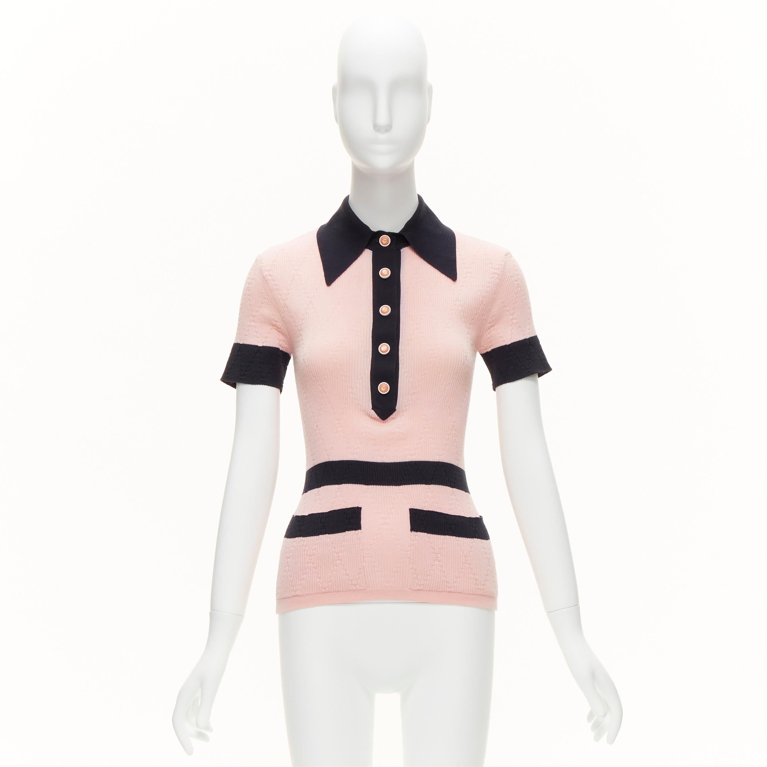 CHANEL CC logo gold tone button pink black knit collar polo top FR34 XS 5