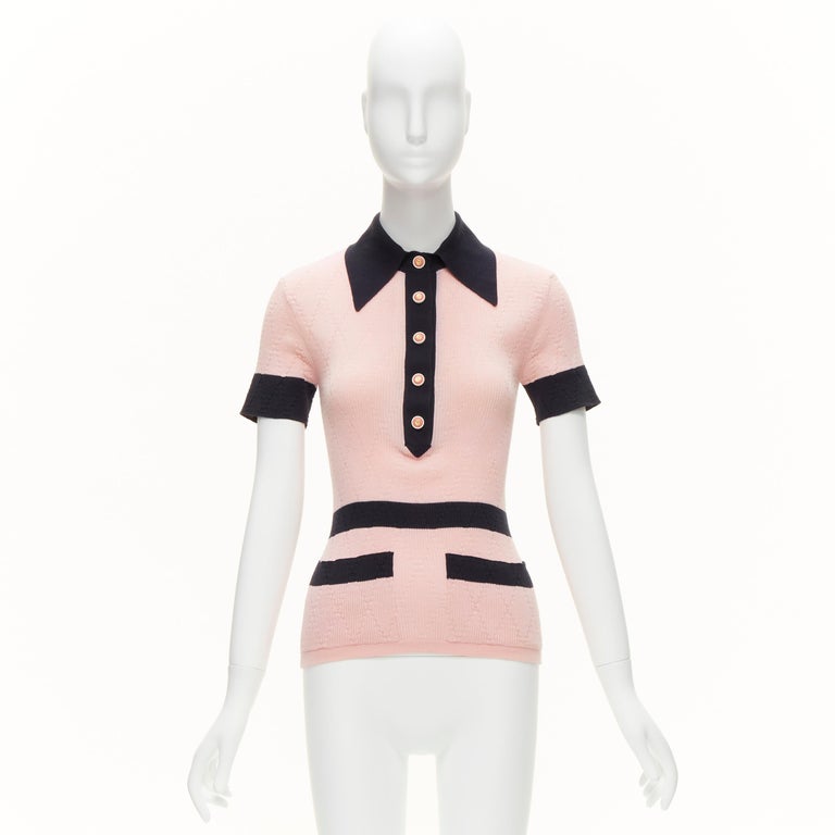 CHANEL CC logo gold tone button pink black knit collar polo top FR34 XS For  Sale at 1stDibs