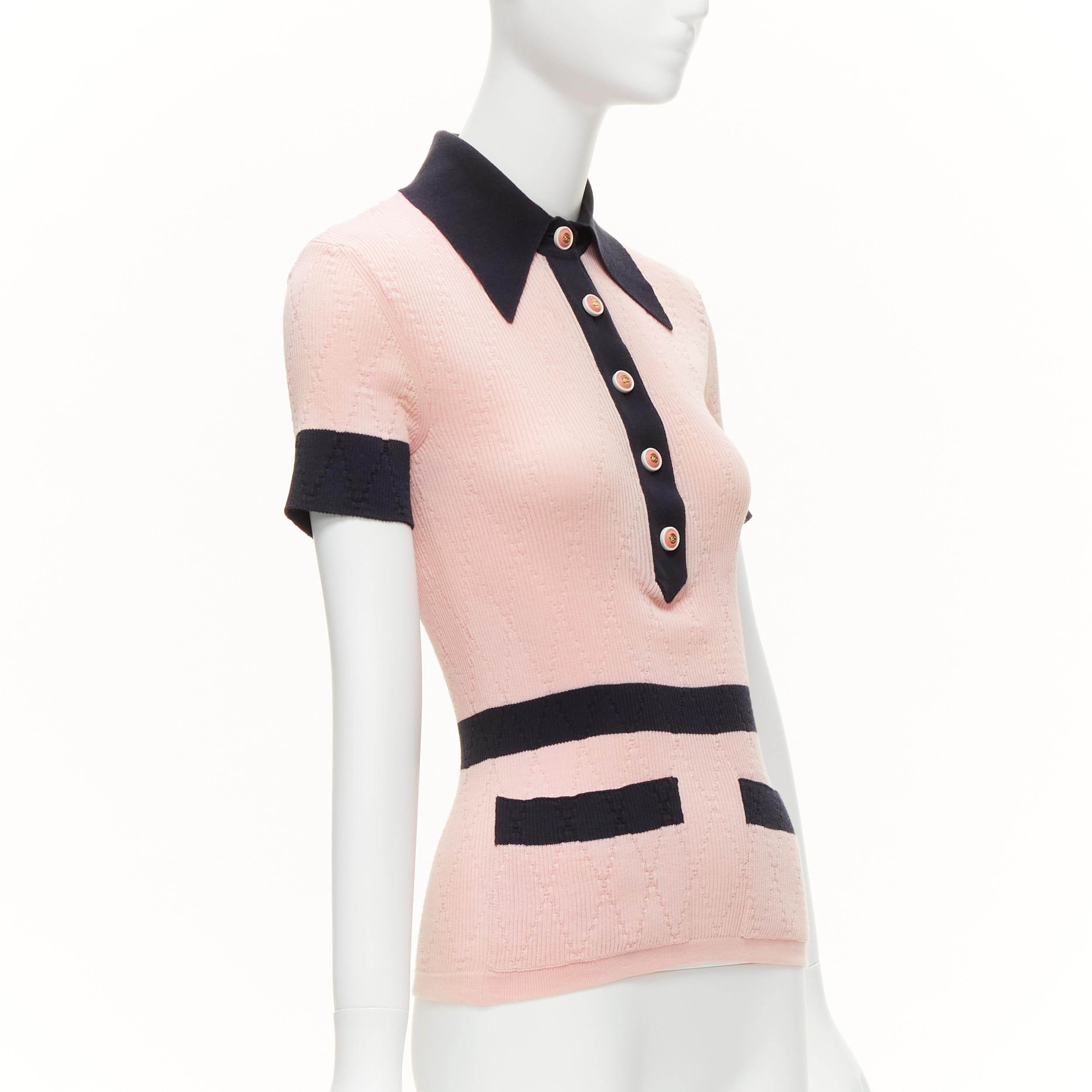 Beige CHANEL CC logo gold tone button pink black knit collar polo top FR34 XS