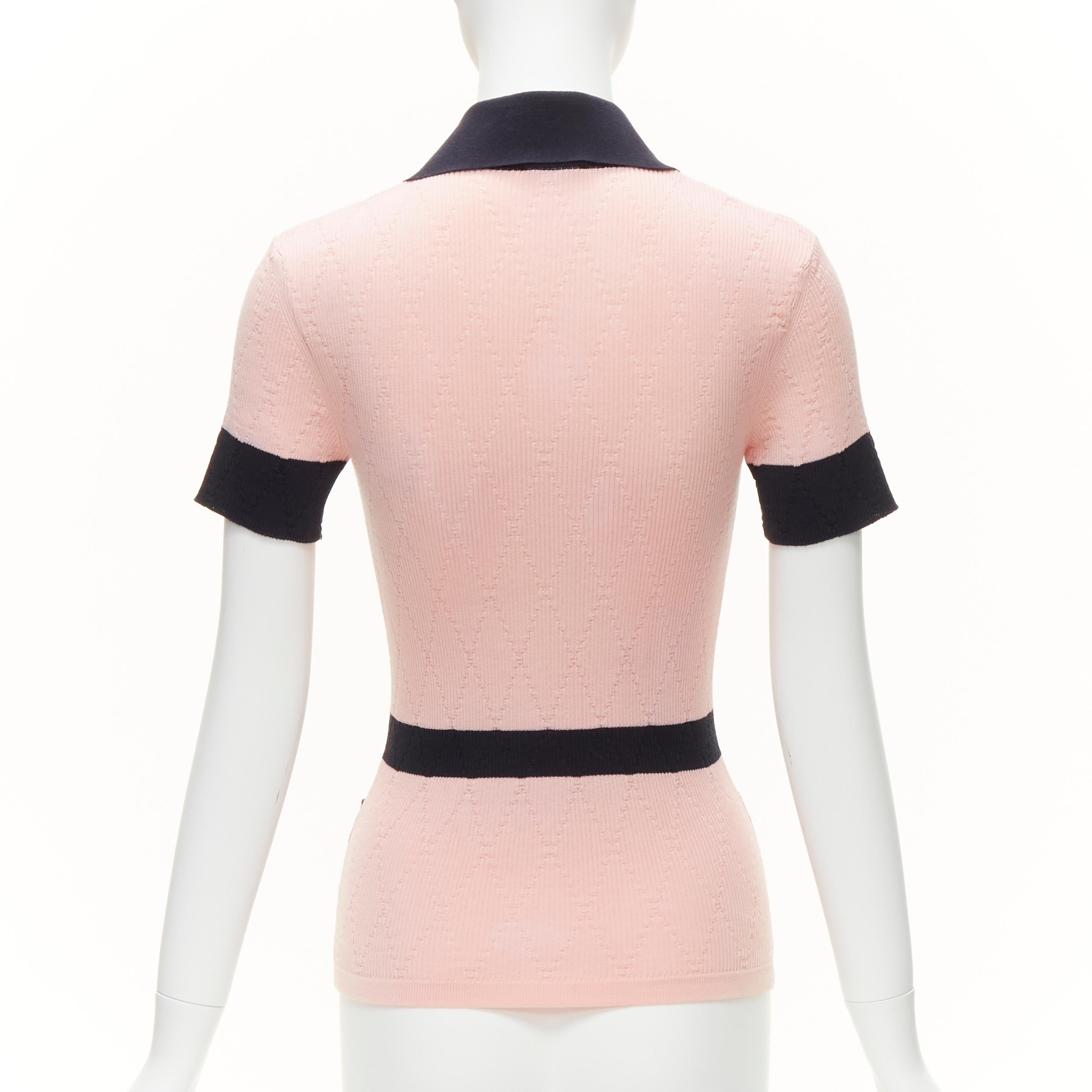 Women's CHANEL CC logo gold tone button pink black knit collar polo top FR34 XS