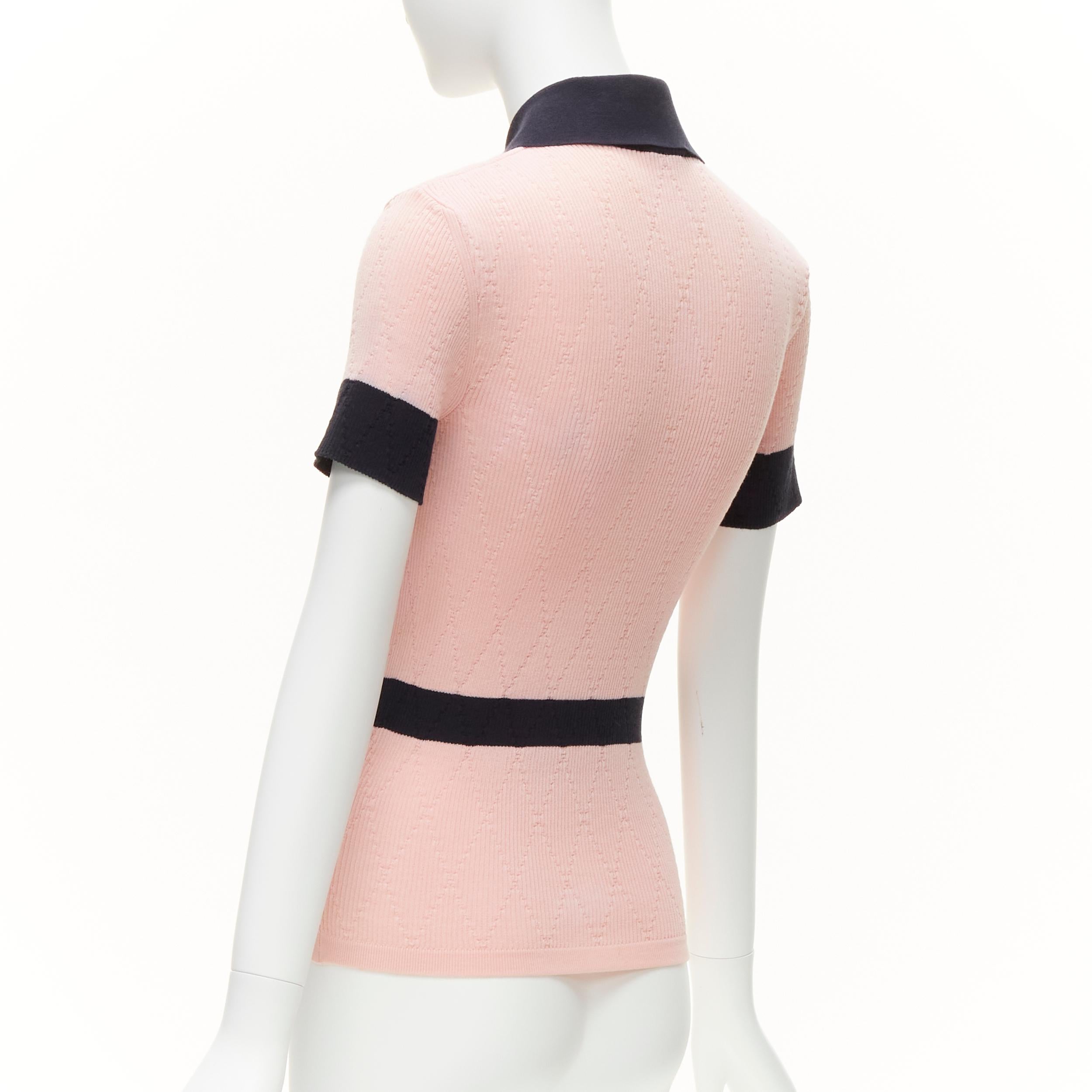 CHANEL CC logo gold tone button pink black knit collar polo top FR34 XS 1
