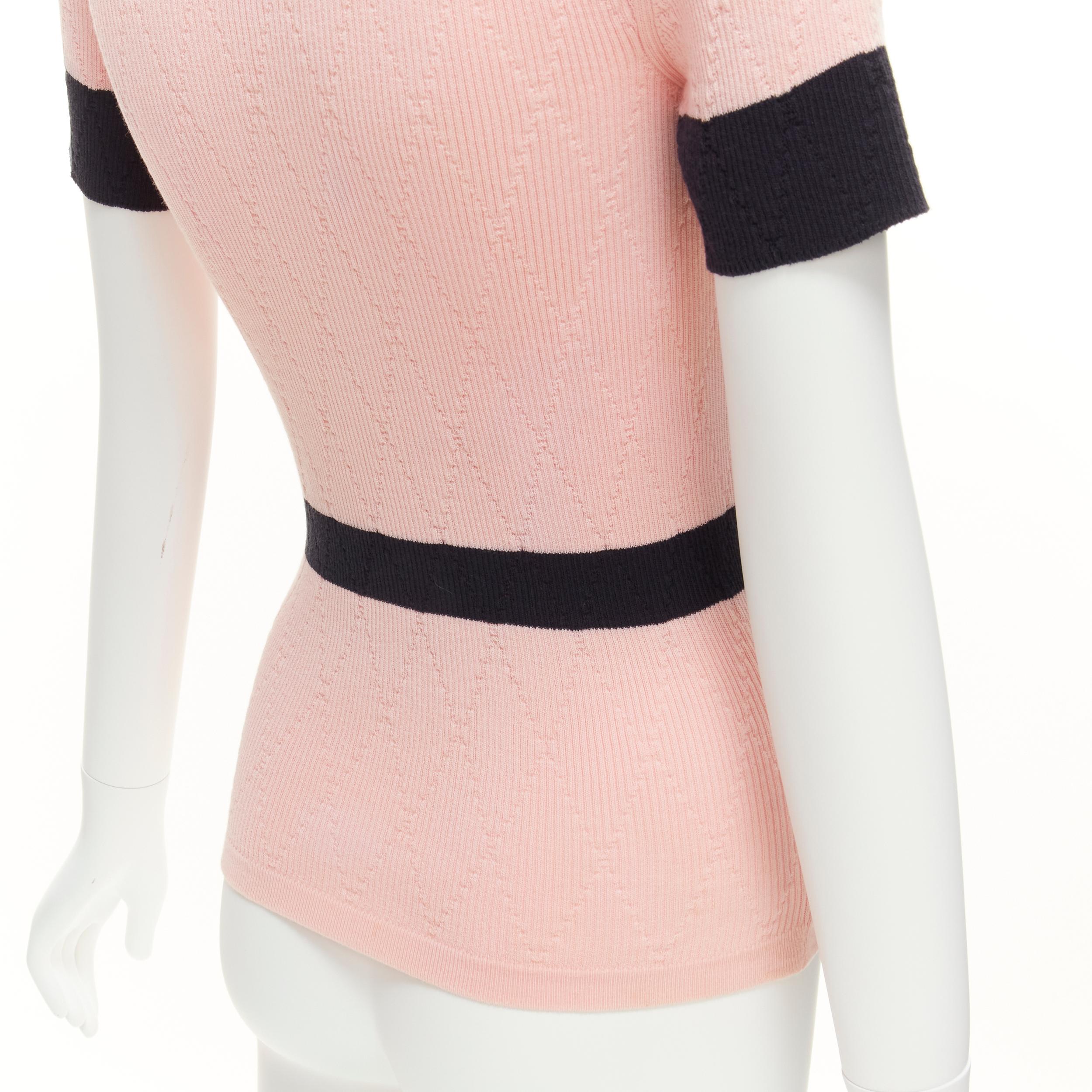 CHANEL CC logo gold tone button pink black knit collar polo top FR34 XS 3
